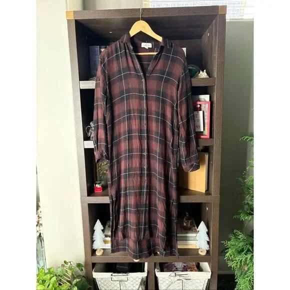 Cloth & Stone Anthropologie Plaid Button Front Midi Shirt Dress Size Small - Picture 3 of 6